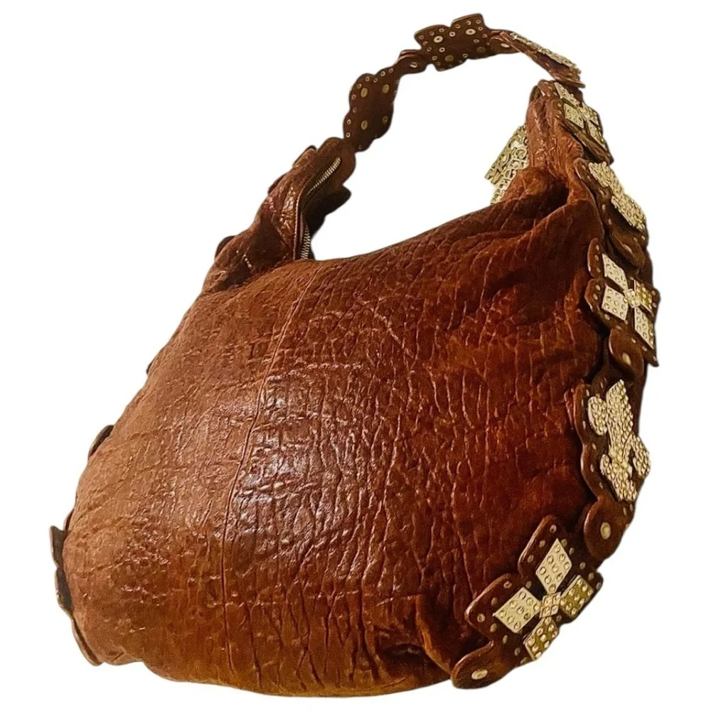 Charm & Luck Brown Textured Leather Embellished Silver & Rhinestone Hobo Bag